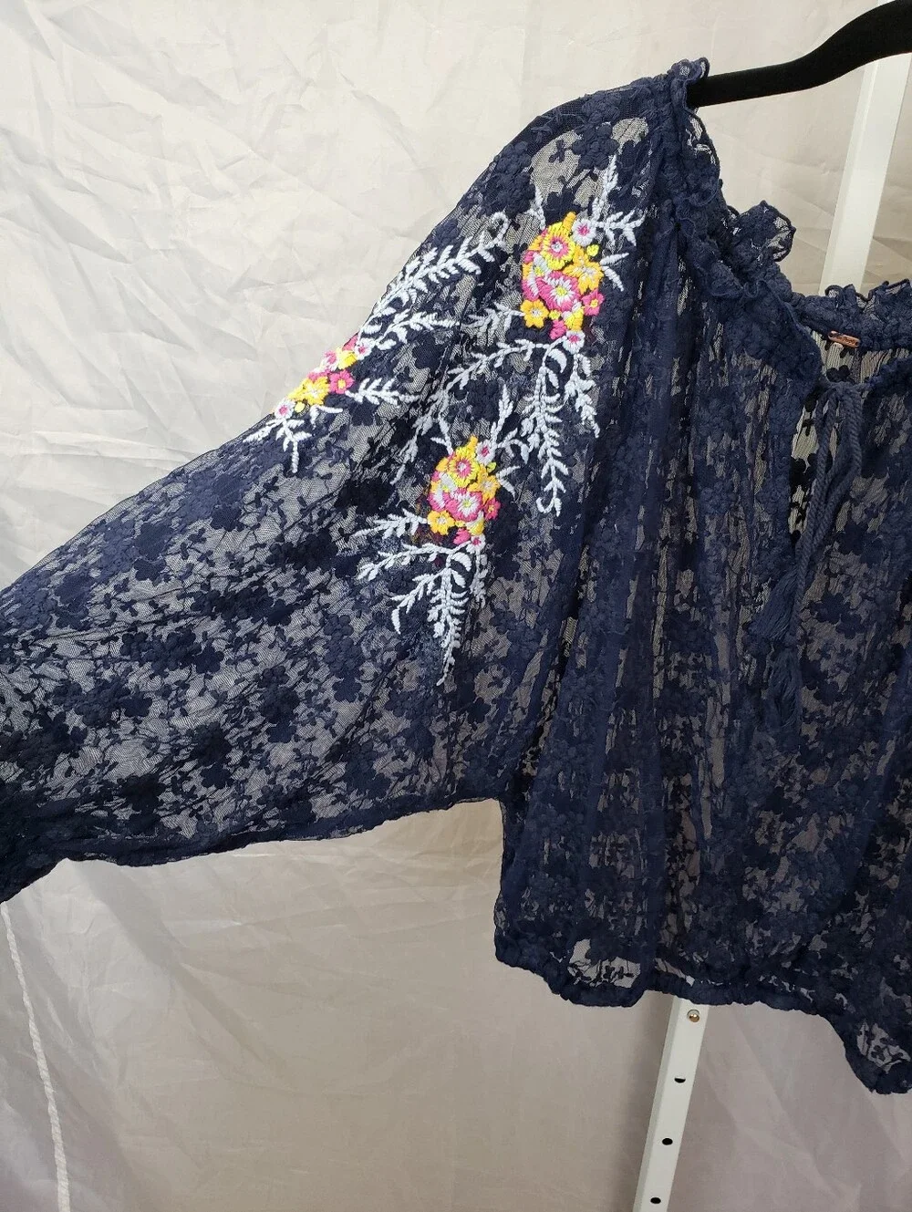 Free People Jubilee Blouse Navy Blue Lace Sheer Embroidered Boho Top